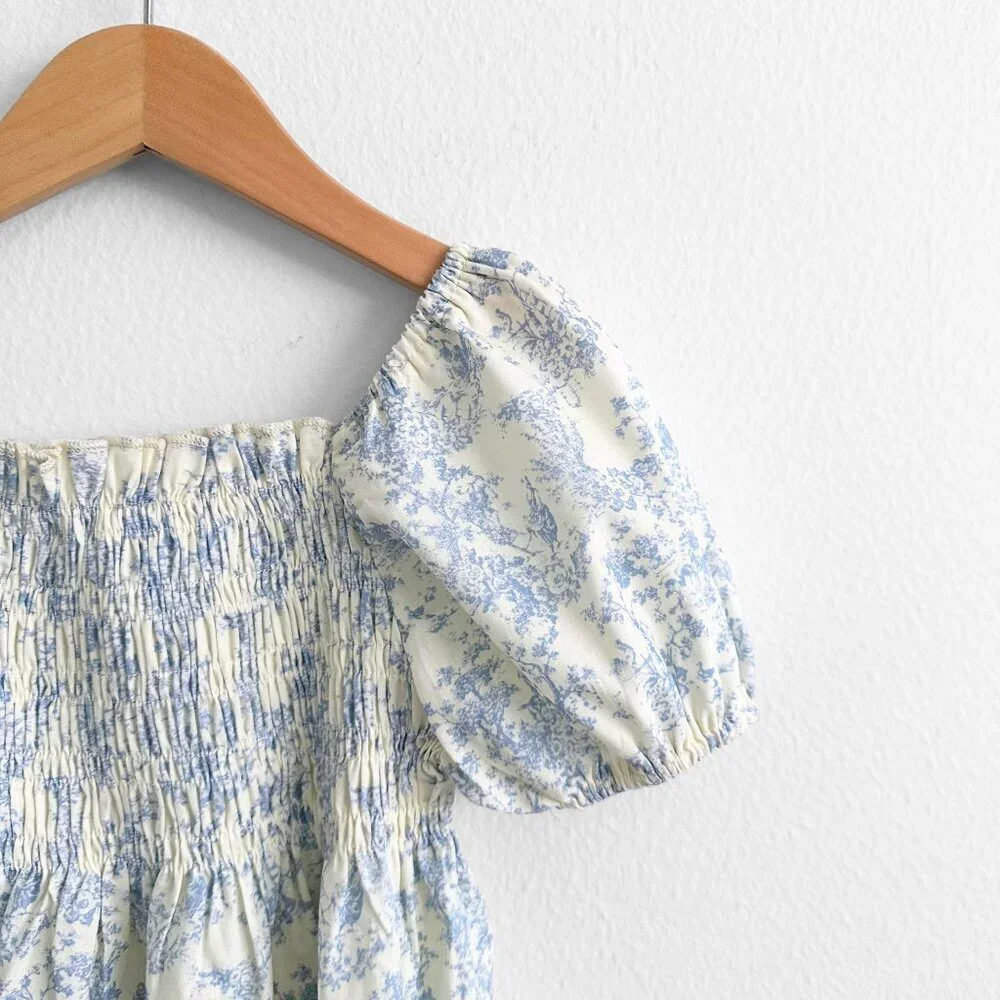 NWT Pretty Girls Short Sleeve Dress Bohemian Nap Smocking Lovely Floral Blue 3T